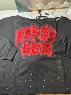 Black Sweatshirt with Red Flame 'First Row' Graphic